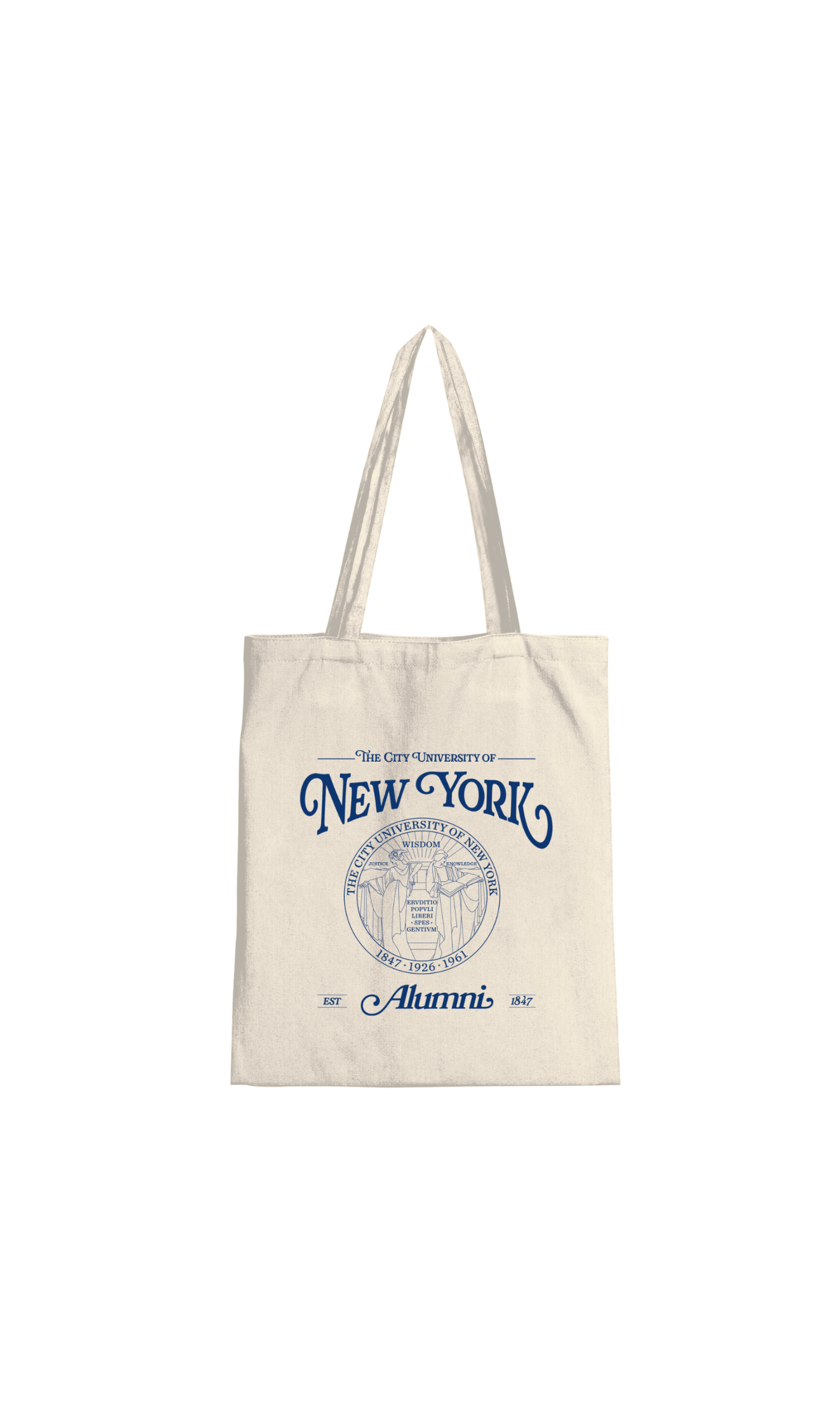 Tote bag with 'The City University of New York Alumni' text and logo on a white background