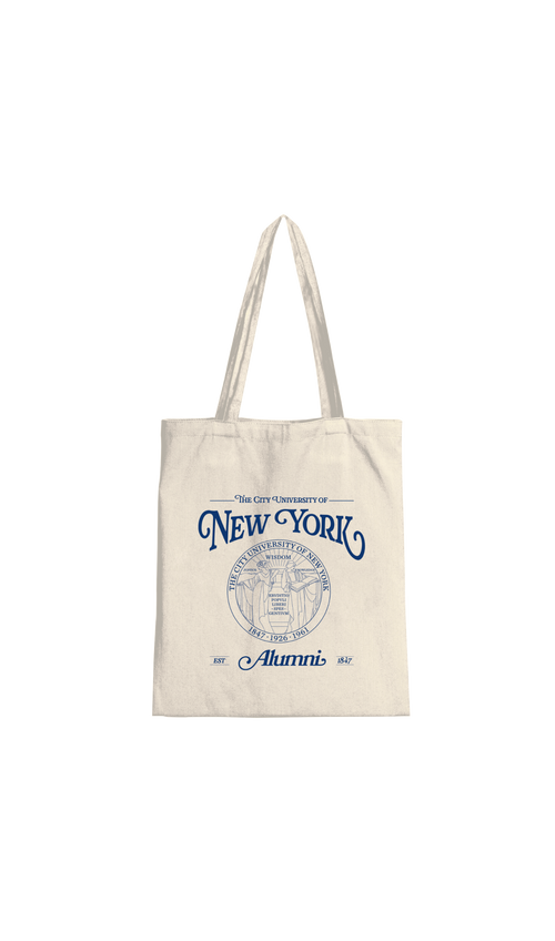 Tote bag with 'The City University of New York Alumni' text and logo on a white background