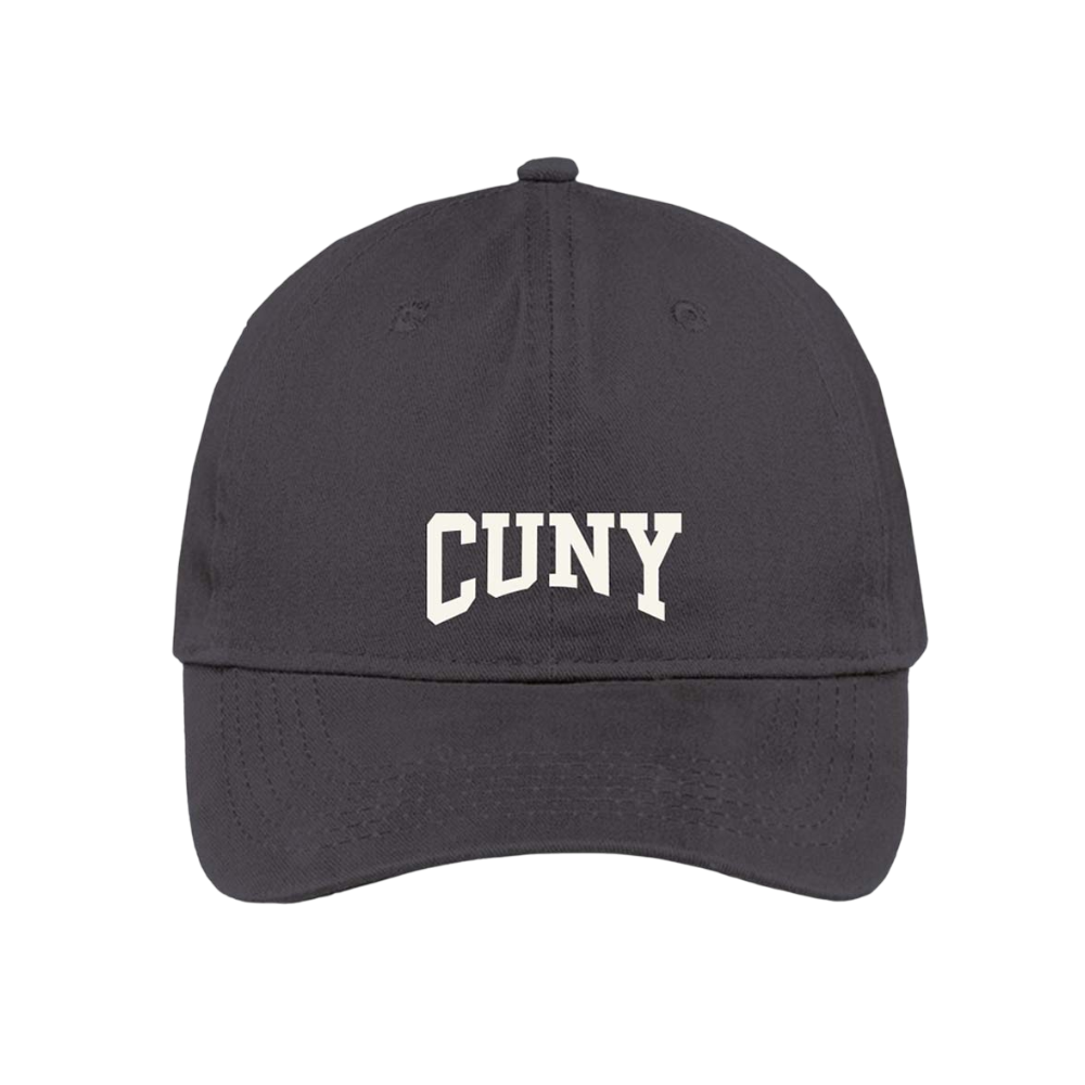 Black cap with 'CUNY' embroidered on a white background